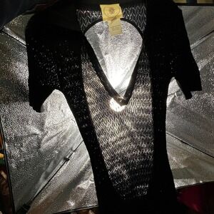 Muche Muchette‎ Open Knit Maxi Dress OS Black Deep V Open Back Dark Fairy Beach
